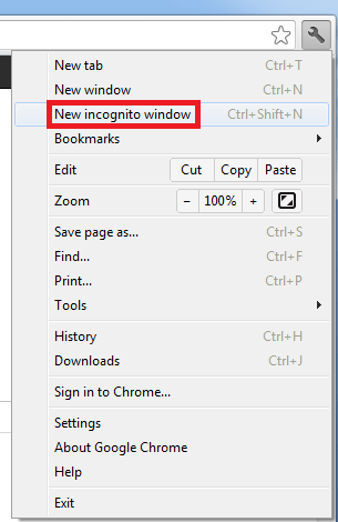 Google Chrome Settings, New Incognito Window